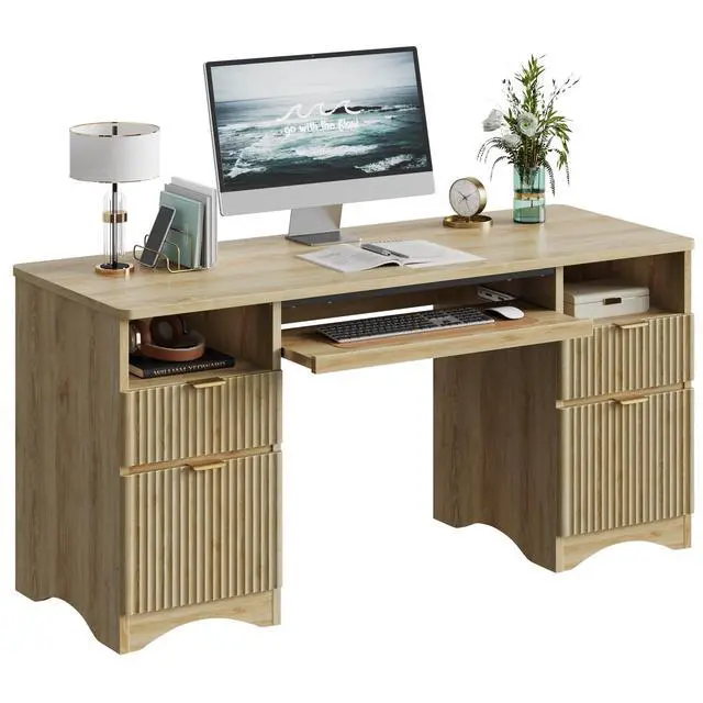 Alt view image 7 of 7 - Bestier 59" Executive Office Desk with Drawers, Computer Desk with Keyboard Tray, Writing Study Workstation for Home Office with Open Shelves, Grey Washed Log