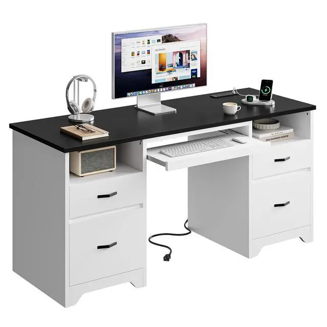 Alt view image 7 of 7 - Bestier 59 Computer Desk with 4 Drawers, Office Desk with Storage, Modern Executive Desk with Charging Station, Keyboard Tray & Wooden Pedestals on Both Sides for Home Office & Studio, Black&White
