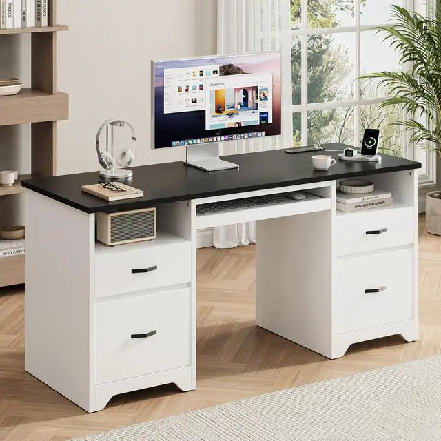 Main image of Bestier 59 Computer Desk with 4 Drawers, Office Desk with Storage, Modern Executive Desk with Charging Station, Keyboard Tray & Wooden Pedestals on Both Sides for Home Office & Studio, Black&White