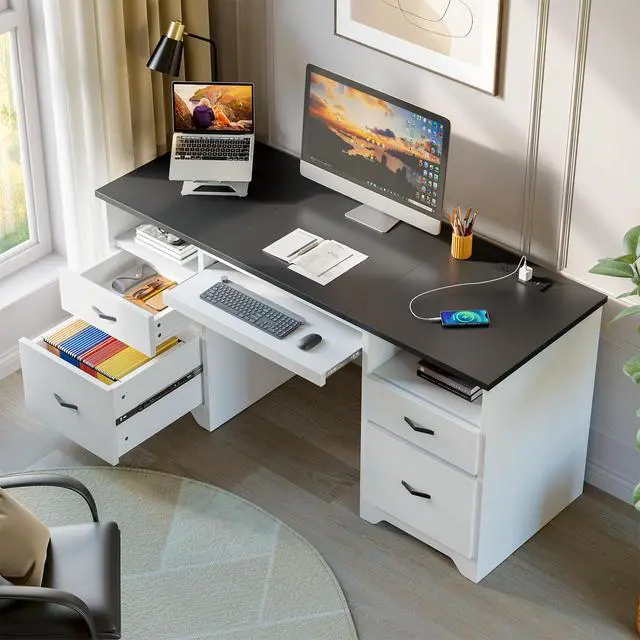 Alt view image 3 of 7 - Bestier 59 Computer Desk with 4 Drawers, Office Desk with Storage, Modern Executive Desk with Charging Station, Keyboard Tray & Wooden Pedestals on Both Sides for Home Office & Studio, Black&White