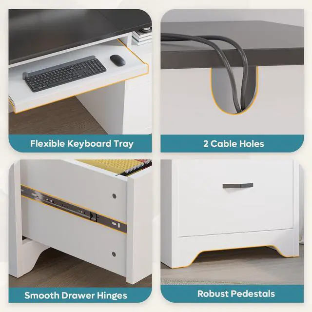 Alt view image 6 of 7 - Bestier 59 Computer Desk with 4 Drawers, Office Desk with Storage, Modern Executive Desk with Charging Station, Keyboard Tray & Wooden Pedestals on Both Sides for Home Office & Studio, Black&White