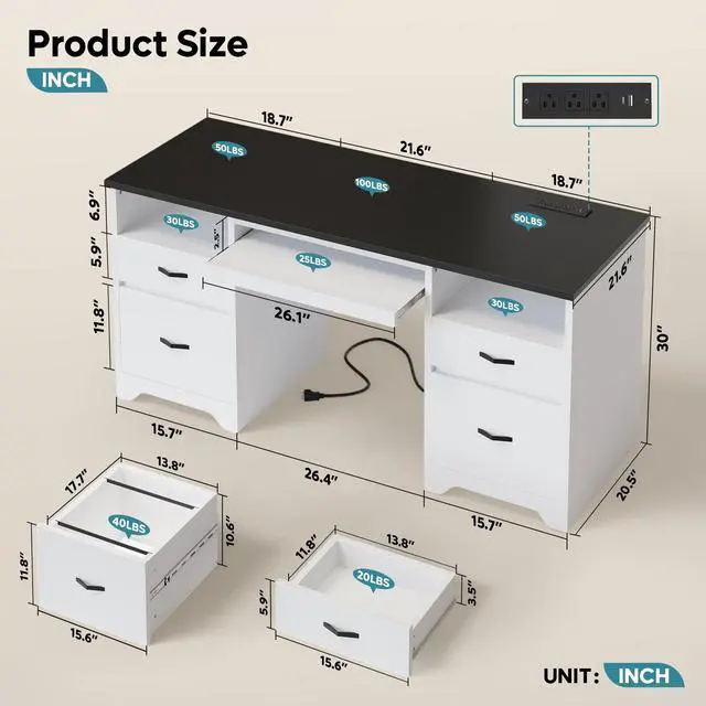 Alt view image 2 of 7 - Bestier 59 Computer Desk with 4 Drawers, Office Desk with Storage, Modern Executive Desk with Charging Station, Keyboard Tray & Wooden Pedestals on Both Sides for Home Office & Studio, Black&White