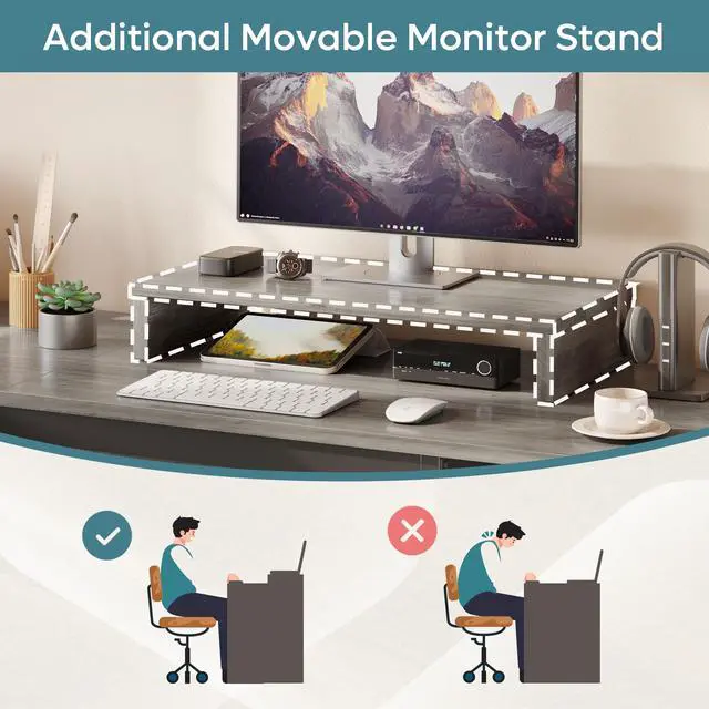 Alt view image 5 of 7 - Bestier Lift Top L-Shaped Desk with File Drawer, 55'' x 55'' Office Desk with Reversible Storage Drawers, L-Shaped Standing Desk with Computer Monitor Stand