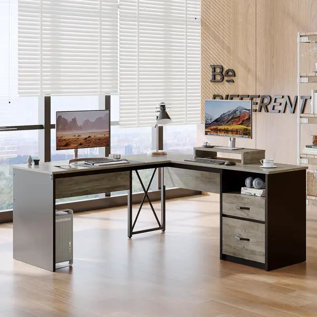 Alt view image 3 of 7 - Bestier Lift Top L-Shaped Desk with File Drawer, 55'' x 55'' Office Desk with Reversible Storage Drawers, L-Shaped Standing Desk with Computer Monitor Stand