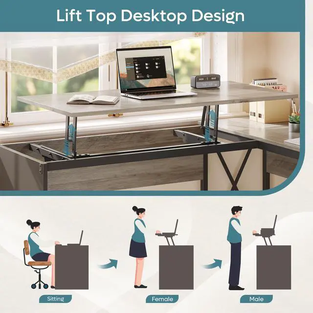 Alt view image 4 of 7 - Bestier Lift Top L-Shaped Desk with File Drawer, 55'' x 55'' Office Desk with Reversible Storage Drawers, L-Shaped Standing Desk with Computer Monitor Stand