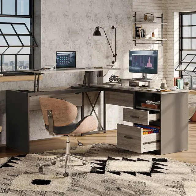 Main image of Bestier Lift Top L-Shaped Desk with File Drawer, 55'' x 55'' Office Desk with Reversible Storage Drawers, L-Shaped Standing Desk with Computer Monitor Stand