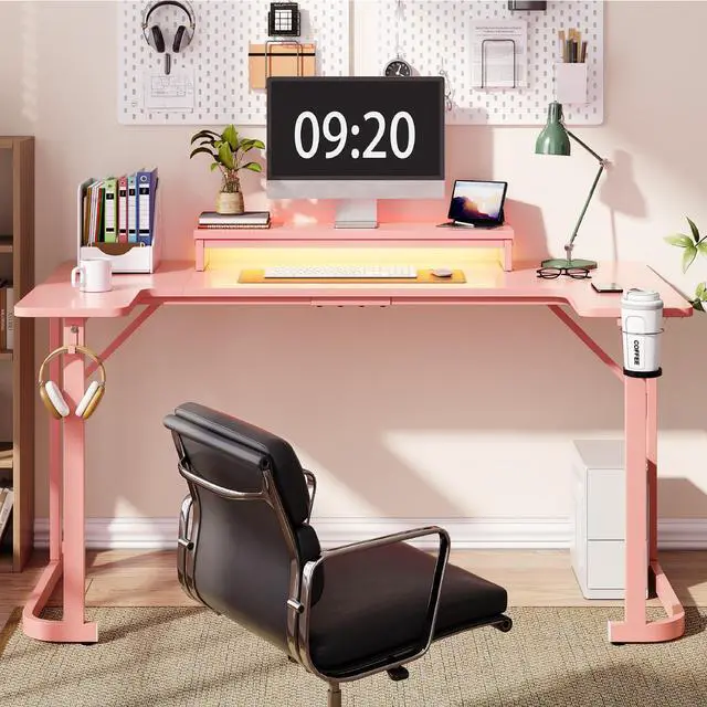 Alt view image 4 of 7 - Bestier 59 inch Gaming Desk U-Shaped with LED Lighting, Monitor Stand, LED Lighting, Headphone Hooks & Cup Holder - Pink Carbon Fiber