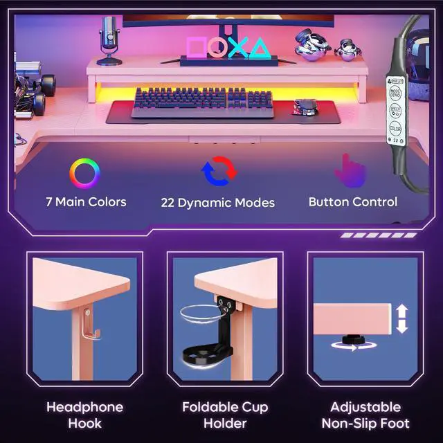 Alt view image 6 of 7 - Bestier 59 inch Gaming Desk U-Shaped with LED Lighting, Monitor Stand, LED Lighting, Headphone Hooks & Cup Holder - Pink Carbon Fiber