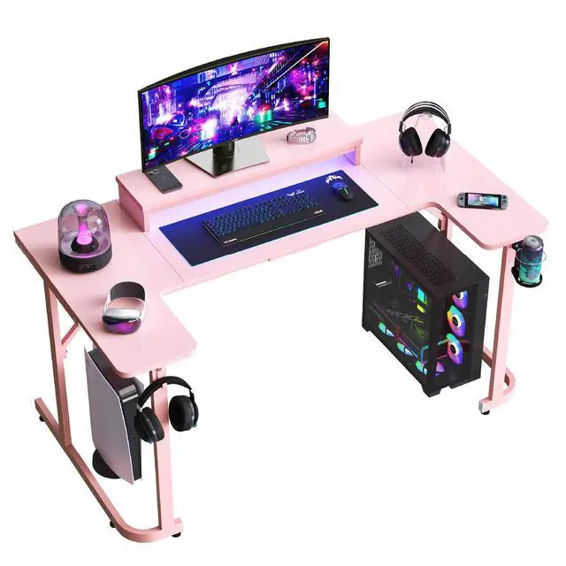 Alt view image 7 of 7 - Bestier 59 inch Gaming Desk U-Shaped with LED Lighting, Monitor Stand, LED Lighting, Headphone Hooks & Cup Holder - Pink Carbon Fiber
