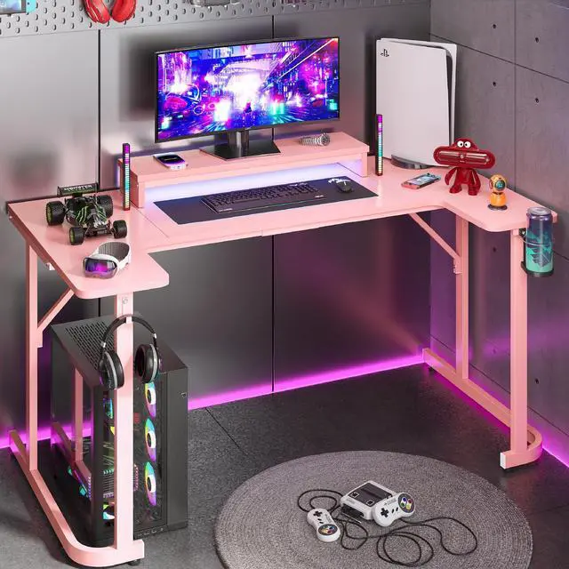 Main image of Bestier 59 inch Gaming Desk U-Shaped with LED Lighting, Monitor Stand, LED Lighting, Headphone Hooks & Cup Holder - Pink Carbon Fiber