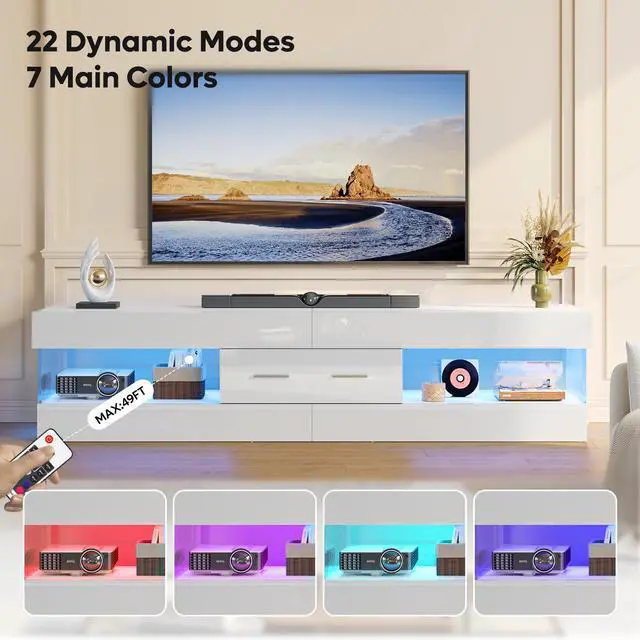 Alt view image 4 of 7 - Bestier 67 Inch TV Stand for 75 Inch TVs, Entertainment Center with Storage Drawer and LED Lights - Bright White