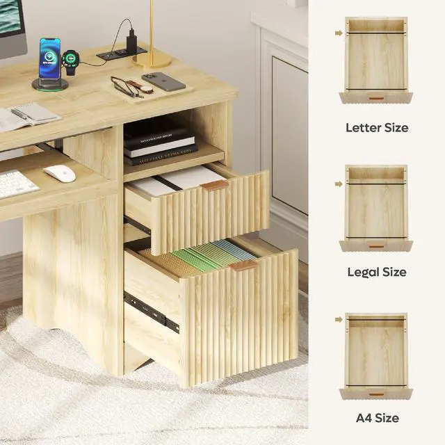 Alt view image 4 of 7 - Bestier 55" Computer Writing PC Desk Home Office with Power Outlets Keyboard Tray and Storage Drawers, Natual Oak