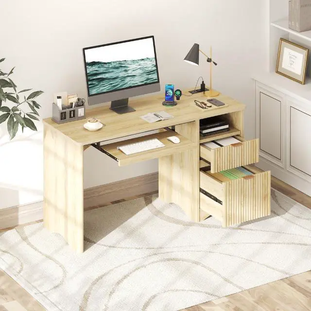 Main image of Bestier 55" Computer Writing PC Desk Home Office with Power Outlets Keyboard Tray and Storage Drawers, Natual Oak