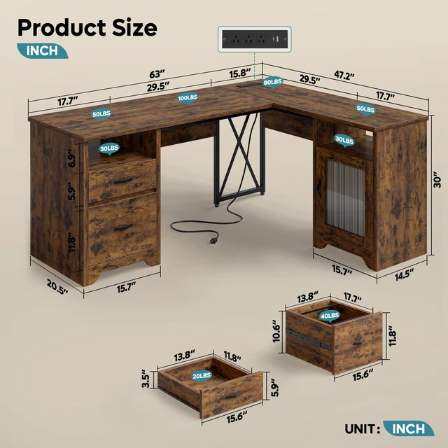 Alt view image 2 of 7 - Bestier 63" Farmhouse L Shaped Desk Office Computer Desk with Charging Station & Cabinet, Corner Desk with File Drawers for Home Office, Rustic Brown