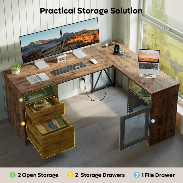 Alt view image 6 of 7 - Bestier 63" Farmhouse L Shaped Desk Office Computer Desk with Charging Station & Cabinet, Corner Desk with File Drawers for Home Office, Rustic Brown