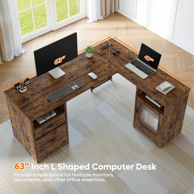Alt view image 5 of 7 - Bestier 63" Farmhouse L Shaped Desk Office Computer Desk with Charging Station & Cabinet, Corner Desk with File Drawers for Home Office, Rustic Brown