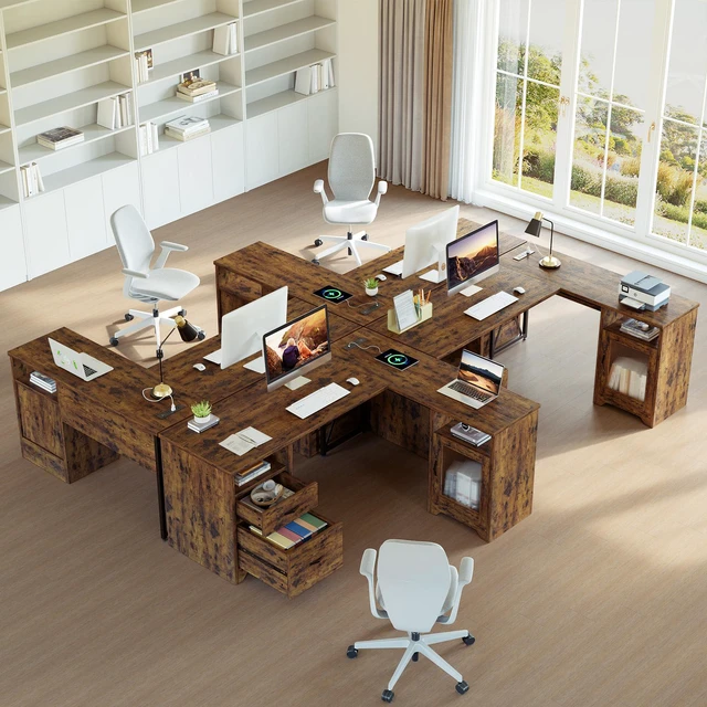 Alt view image 3 of 7 - Bestier 63" Farmhouse L Shaped Desk Office Computer Desk with Charging Station & Cabinet, Corner Desk with File Drawers for Home Office, Rustic Brown