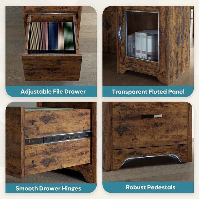 Alt view image 7 of 7 - Bestier 63" Farmhouse L Shaped Desk Office Computer Desk with Charging Station & Cabinet, Corner Desk with File Drawers for Home Office, Rustic Brown