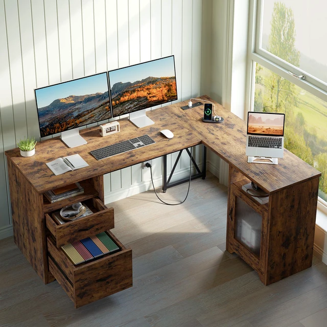 Alt view image 4 of 7 - Bestier 63" Farmhouse L Shaped Desk Office Computer Desk with Charging Station & Cabinet, Corner Desk with File Drawers for Home Office, Rustic Brown