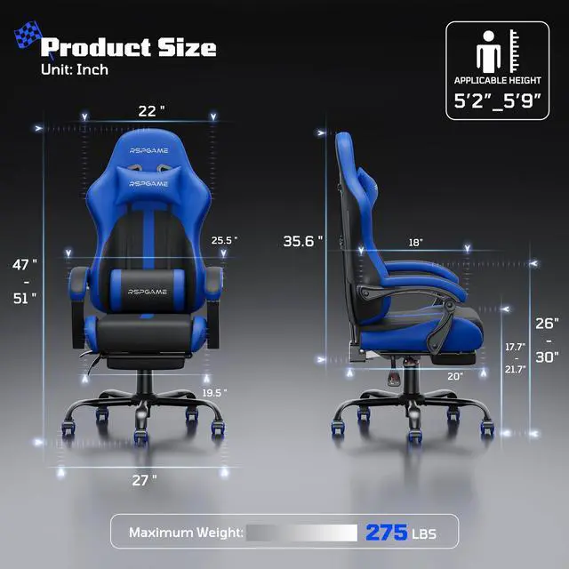 Alt view image 2 of 7 - RSPGAME Basic Ergonomic Gaming Chair for Adults - PU Leather Office Chair with Lumbar Support, Pocket Spring Cushion & Retractable Footrest