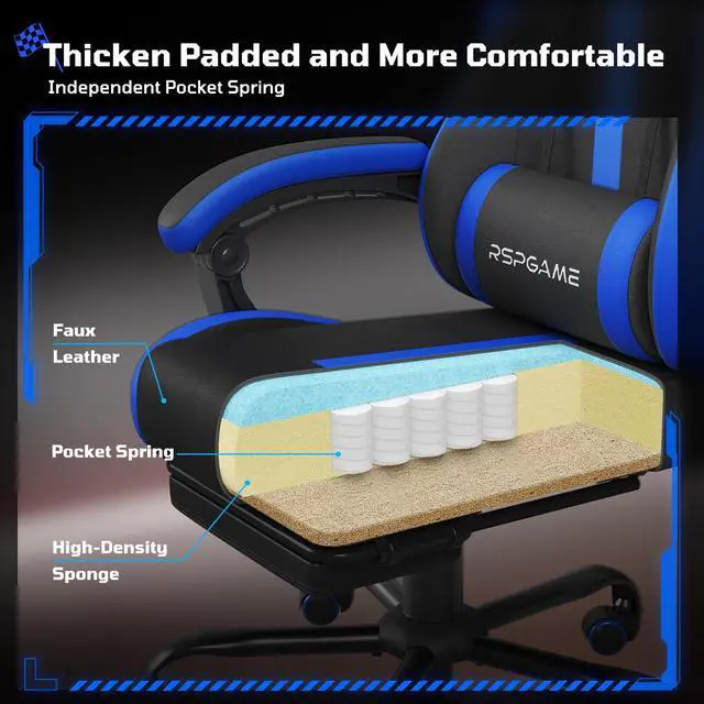 Alt view image 6 of 7 - RSPGAME Basic Ergonomic Gaming Chair for Adults - PU Leather Office Chair with Lumbar Support, Pocket Spring Cushion & Retractable Footrest