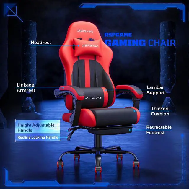 Alt view image 5 of 7 - RSPGAME Basic Ergonomic Gaming Chair for Adults - PU Leather Office Chair with Lumbar Support, Pocket Spring Cushion & Retractable Footrest Red