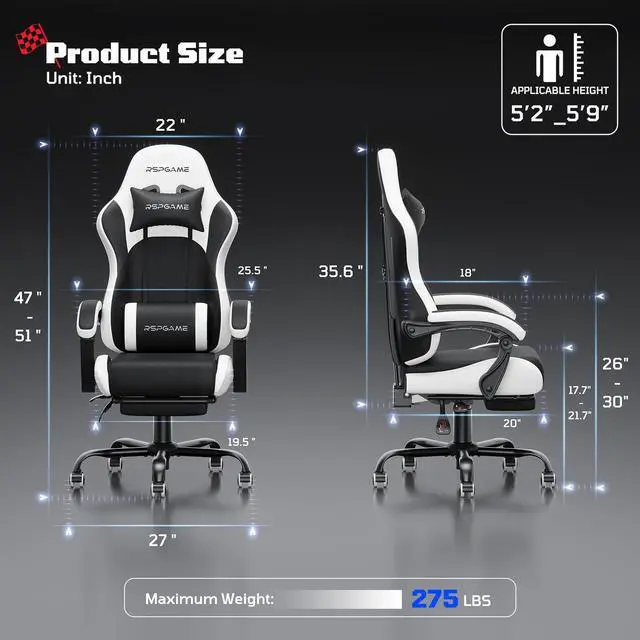 Alt view image 2 of 7 - RSPGAME Basic Ergonomic Gaming Chair for Adults - PU Leather Office Chair with Lumbar Support, Pocket Spring Cushion & Retractable Footrest White