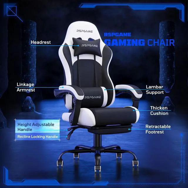 Alt view image 5 of 7 - RSPGAME Basic Ergonomic Gaming Chair for Adults - PU Leather Office Chair with Lumbar Support, Pocket Spring Cushion & Retractable Footrest White