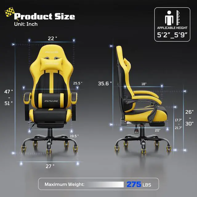 Alt view image 2 of 6 - RSPGAME Basic Ergonomic Gaming Chair for Adults - PU Leather Office Chair with Lumbar Support, Pocket Spring Cushion & Retractable Footrest Yellow