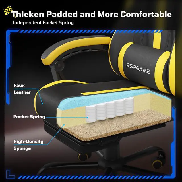 Alt view image 5 of 6 - RSPGAME Basic Ergonomic Gaming Chair for Adults - PU Leather Office Chair with Lumbar Support, Pocket Spring Cushion & Retractable Footrest Yellow