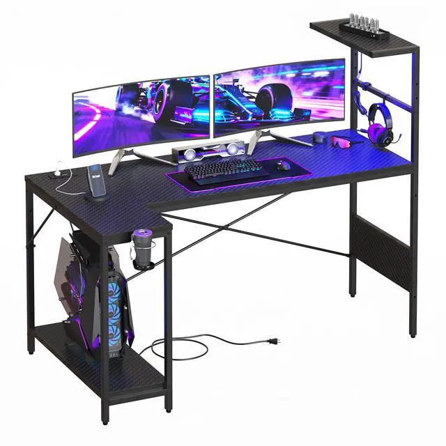 Main image of RSPGAME 57.4" L-Shaped Gaming Desk with LED Lights & Power Outlets, Reversible Corner Computer Desk with USB-A & Type-C Ports, Raised Monitor Stand, Headphone Hook, Carbon Fiber Surface, Black n Red