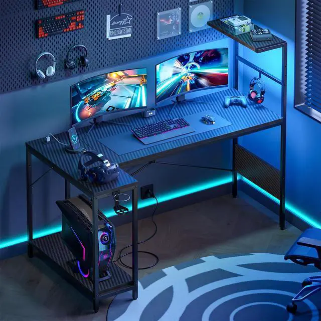 Alt view image 2 of 7 - RSPGAME 57.4" L-Shaped Gaming Desk with LED Lights & Power Outlets, Reversible Corner Computer Desk with USB-A & Type-C Ports, Raised Monitor Stand, Headphone Hook, Carbon Fiber Surface, Black n Red