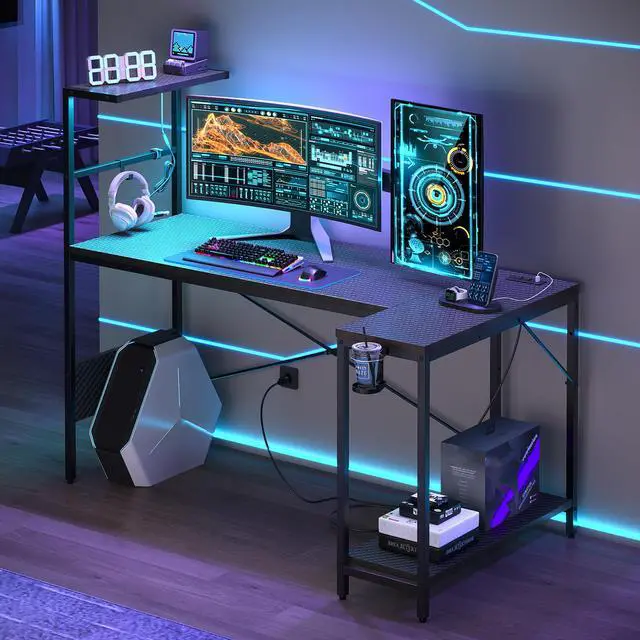 Alt view image 3 of 7 - RSPGAME 57.4" L-Shaped Gaming Desk with LED Lights & Power Outlets, Reversible Corner Computer Desk with USB-A & Type-C Ports, Raised Monitor Stand, Headphone Hook, Carbon Fiber Surface, Black n Red
