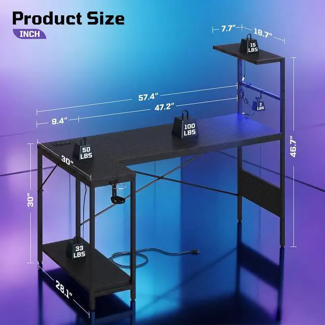 Alt view image 4 of 7 - RSPGAME 57.4" L-Shaped Gaming Desk with LED Lights & Power Outlets, Reversible Corner Computer Desk with USB-A & Type-C Ports, Raised Monitor Stand, Headphone Hook, Carbon Fiber Surface, Black n Red