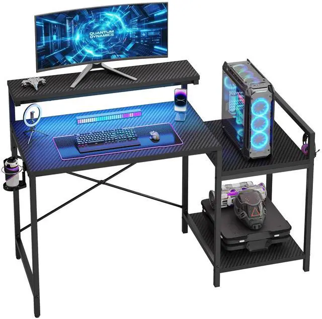 Main image of 48'' Gaming Desk LED Lights Computer Desk with Monitor Stand and Hook Storage Shelf, PC Gaming Table for Home Office Black 3D Carbon Fiber