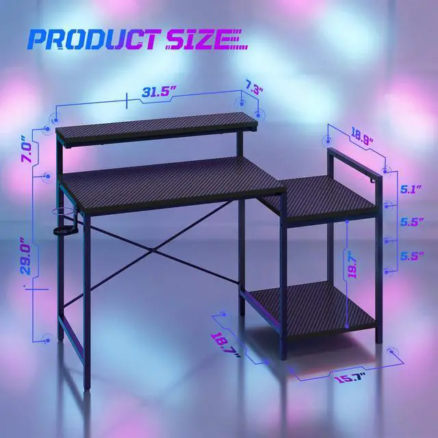 Alt view image 2 of 7 - 48'' Gaming Desk LED Lights Computer Desk with Monitor Stand and Hook Storage Shelf, PC Gaming Table for Home Office Black 3D Carbon Fiber