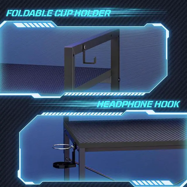Alt view image 6 of 7 - 48'' Gaming Desk LED Lights Computer Desk with Monitor Stand and Hook Storage Shelf, PC Gaming Table for Home Office Black 3D Carbon Fiber