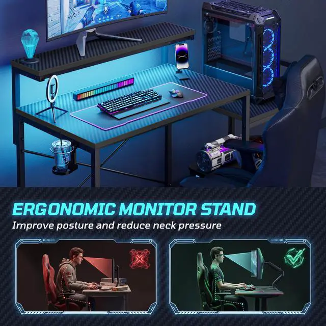 Alt view image 7 of 7 - 48'' Gaming Desk LED Lights Computer Desk with Monitor Stand and Hook Storage Shelf, PC Gaming Table for Home Office Black 3D Carbon Fiber