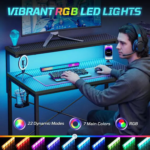 Alt view image 4 of 7 - 48'' Gaming Desk LED Lights Computer Desk with Monitor Stand and Hook Storage Shelf, PC Gaming Table for Home Office Black 3D Carbon Fiber