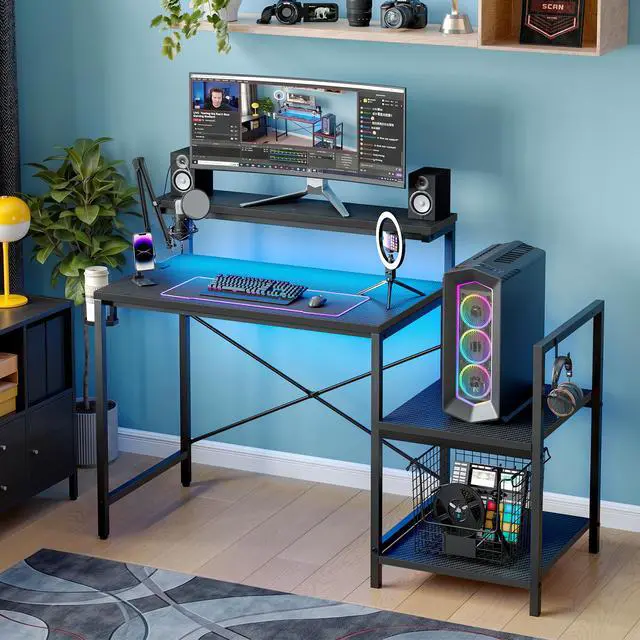 Alt view image 3 of 7 - 48'' Gaming Desk LED Lights Computer Desk with Monitor Stand and Hook Storage Shelf, PC Gaming Table for Home Office Black 3D Carbon Fiber