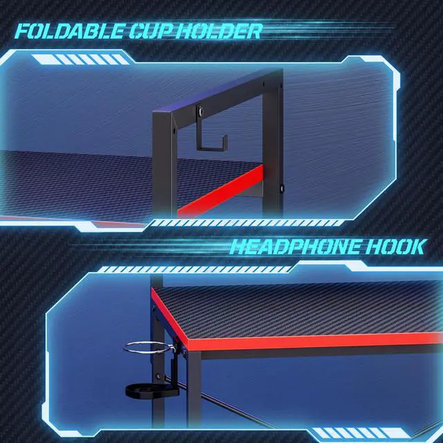 Alt view image 6 of 7 - 48'' Gaming Desk LED Lights Computer Desk with Monitor Stand and Hook Storage Shelf, PC Gaming Table for Home Office