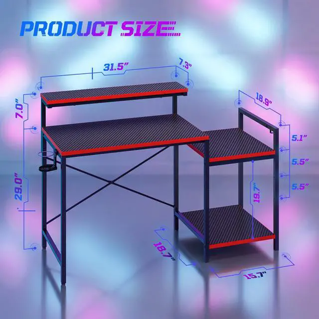Alt view image 2 of 7 - 48'' Gaming Desk LED Lights Computer Desk with Monitor Stand and Hook Storage Shelf, PC Gaming Table for Home Office