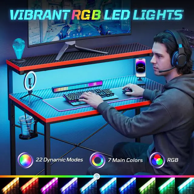 Alt view image 4 of 7 - 48'' Gaming Desk LED Lights Computer Desk with Monitor Stand and Hook Storage Shelf, PC Gaming Table for Home Office