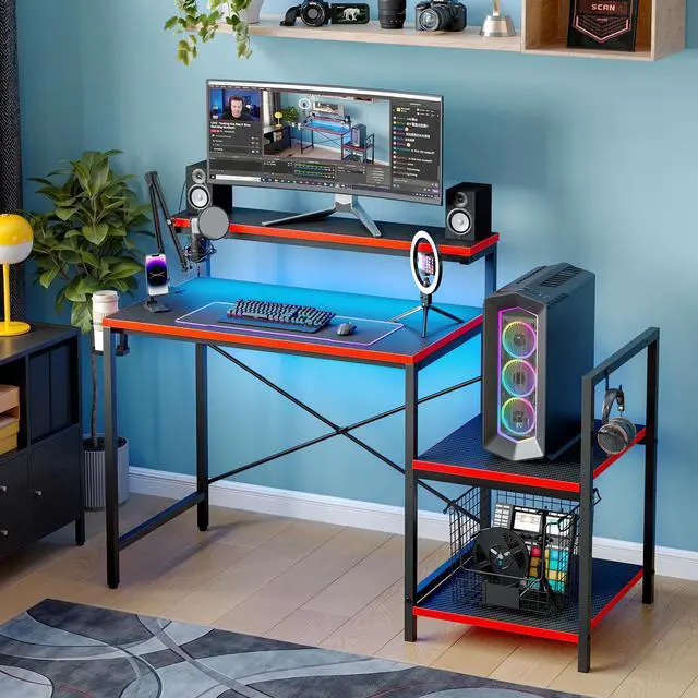Alt view image 3 of 7 - 48'' Gaming Desk LED Lights Computer Desk with Monitor Stand and Hook Storage Shelf, PC Gaming Table for Home Office