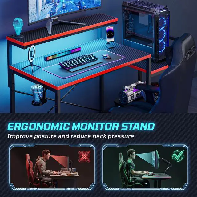 Alt view image 7 of 7 - 48'' Gaming Desk LED Lights Computer Desk with Monitor Stand and Hook Storage Shelf, PC Gaming Table for Home Office