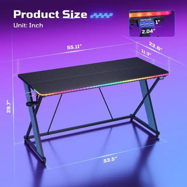 Alt view image 2 of 7 - 55'' Gaming Desk with LED Lights, X-Shaped Frame Computer Desk with Hook Cup Holder & Side Bag, Desk Gamer for Home Office -