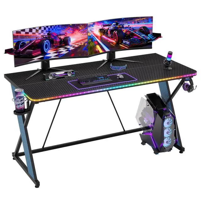 Main image of 55'' Gaming Desk with LED Lights, X-Shaped Frame Computer Desk with Hook Cup Holder & Side Bag, Desk Gamer for Home Office -
