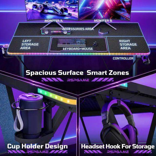 Alt view image 5 of 7 - 55'' Gaming Desk with LED Lights, X-Shaped Frame Computer Desk with Hook Cup Holder & Side Bag, Desk Gamer for Home Office -
