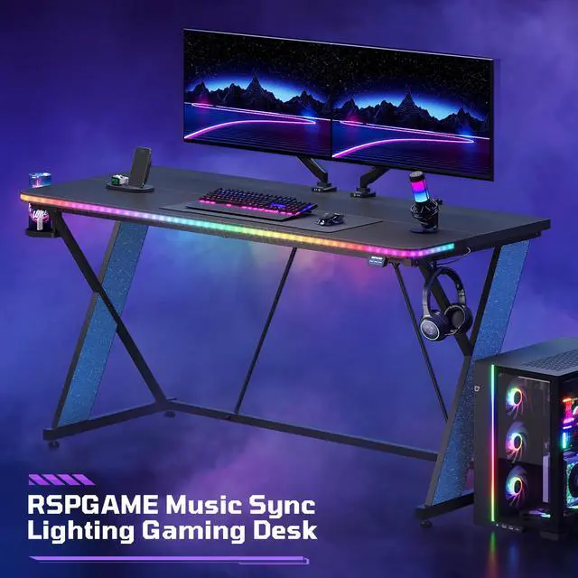 Alt view image 6 of 7 - 55'' Gaming Desk with LED Lights, X-Shaped Frame Computer Desk with Hook Cup Holder & Side Bag, Desk Gamer for Home Office -
