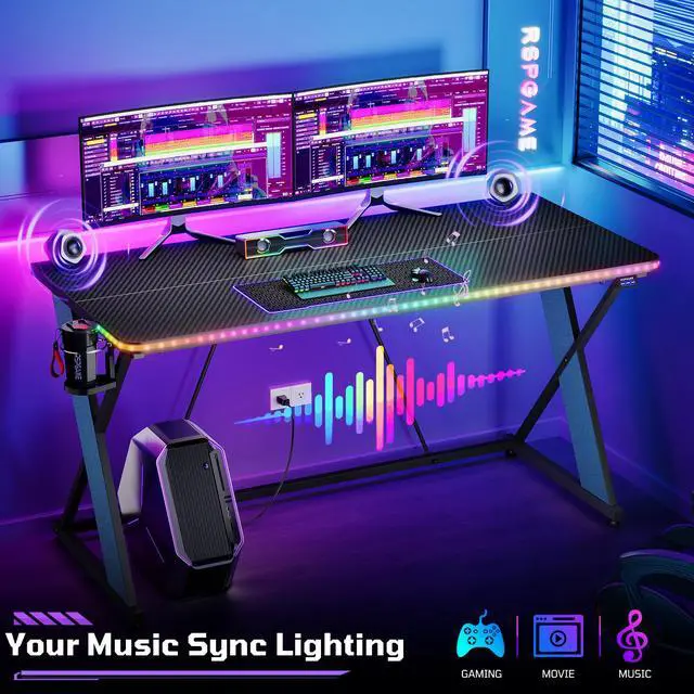 Alt view image 7 of 7 - 55'' Gaming Desk with LED Lights, X-Shaped Frame Computer Desk with Hook Cup Holder & Side Bag, Desk Gamer for Home Office -